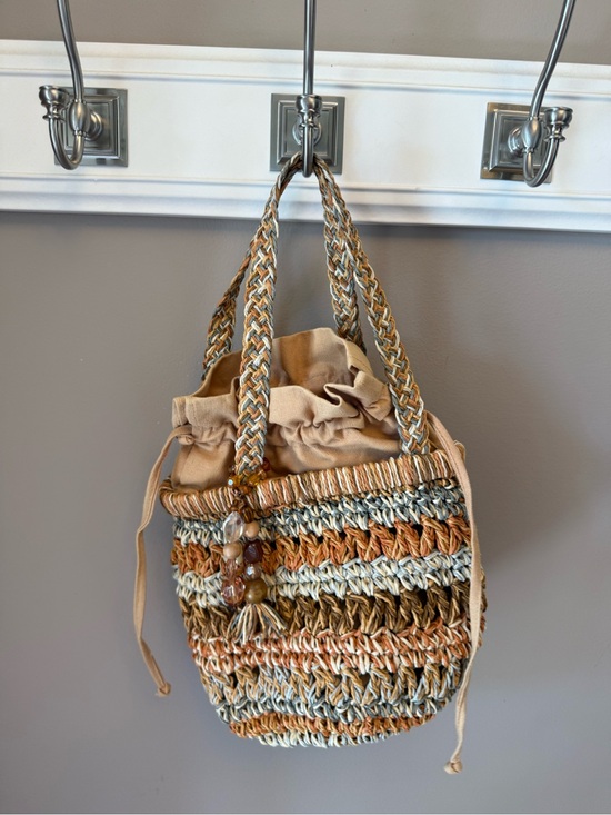 Capelli of New York Handbags - Capelli of New York Braided Straw Bucket Bag in Tan, Cream and Blue-Grey